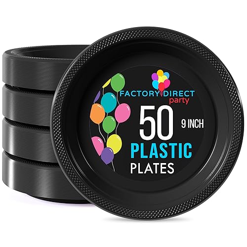 Exquisite Party Solids Black Plastic Plates For Party 9" Black Disposable Plates 50 Pcs Plastic Dinnerware Sets Heavy Duty 350 GSM Disposable
