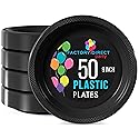 Exquisite Party Solids Black Plastic Plates For Party 9" Black Disposable Plates 50 Pcs Plastic Dinnerware Sets Heavy Duty 350 GSM Disposable