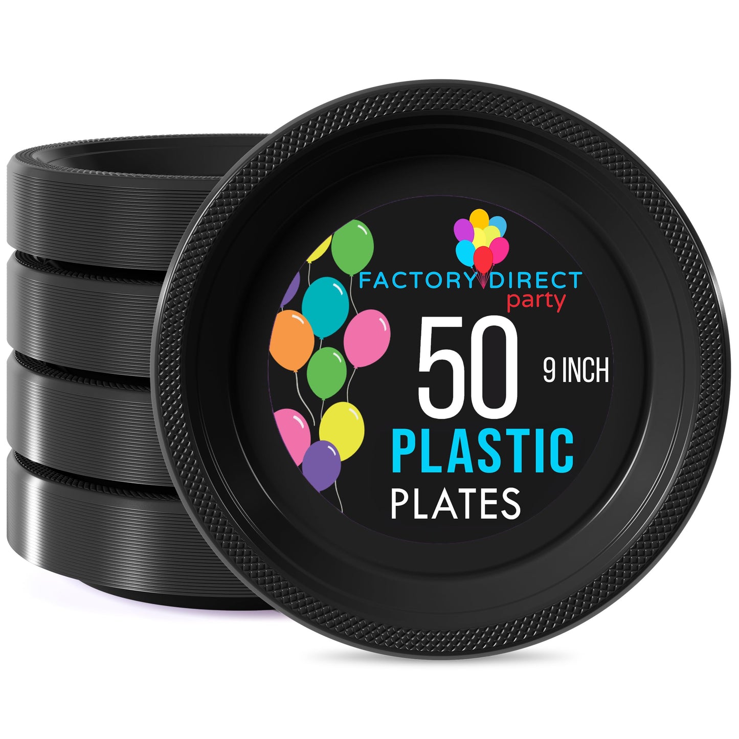 Exquisite Party Solids Black Plastic Plates For Party 9" Black Disposable Plates 50 Pcs Plastic Dinnerware Sets Heavy Duty 350 GSM Disposable