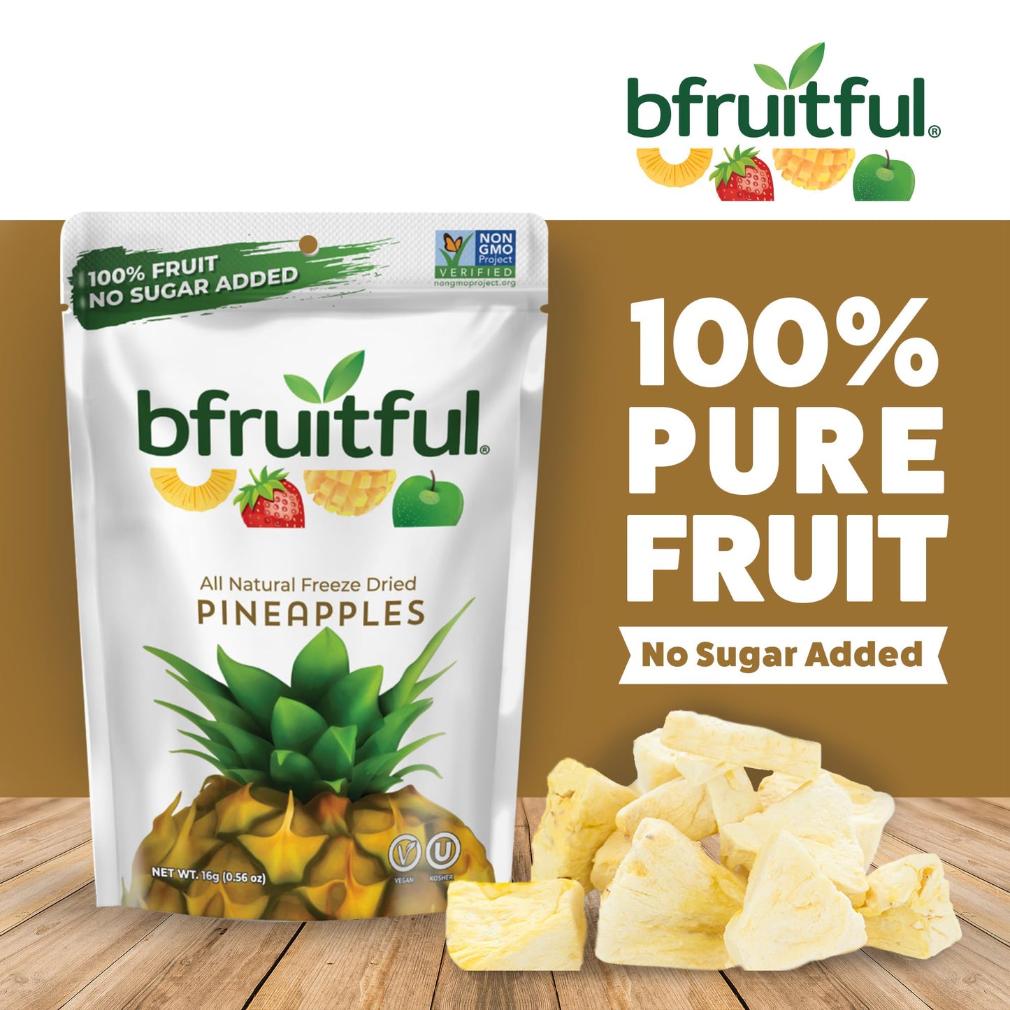 bfruitful Freeze-Dried Pineapple, Freeze Dried Fruit Snacks with No Sugar Added, Vegan, Non GMO, Kosher, Wholesome Fruit Bites, Perfect for Kids or