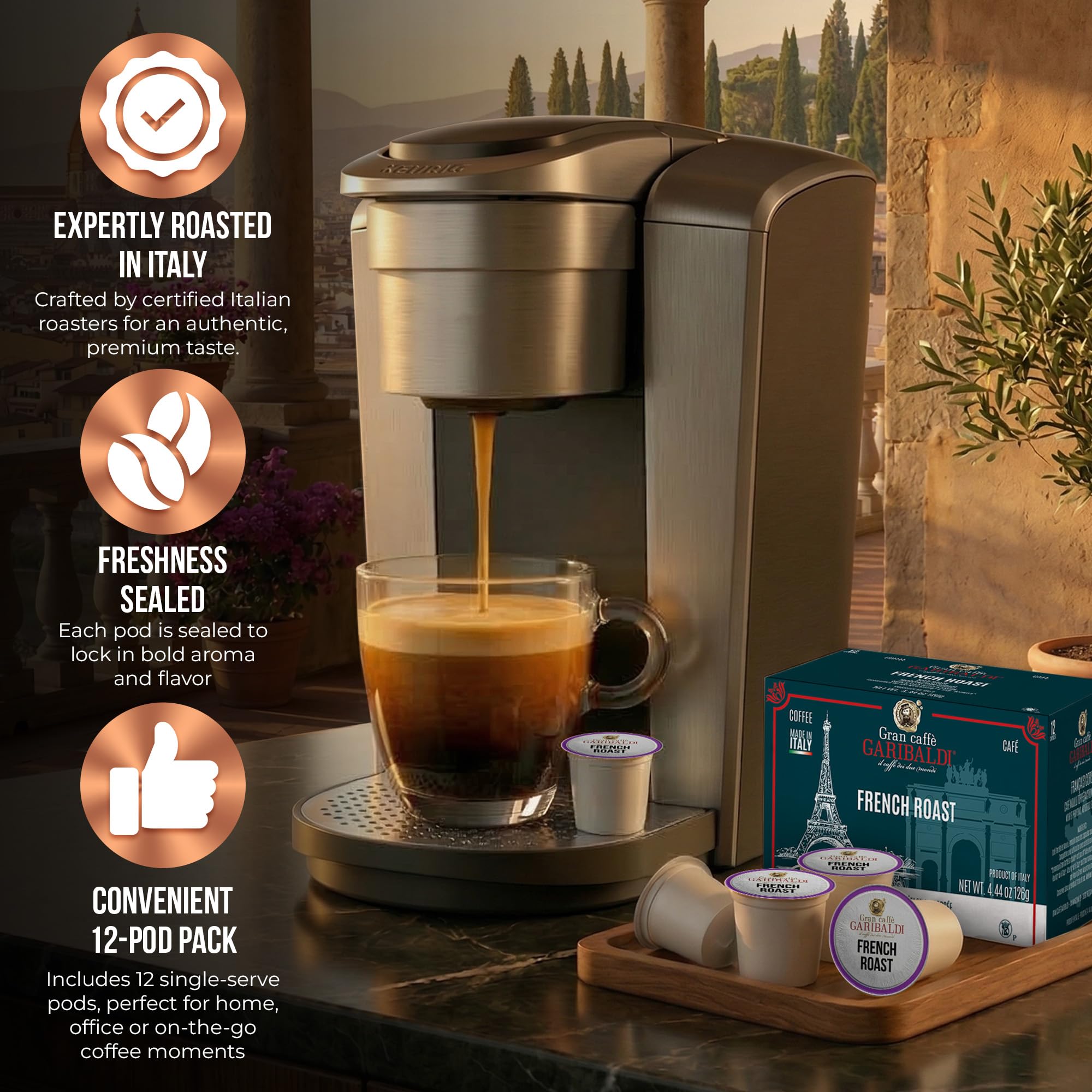 Caffè Garibaldi French Roast Coffee Pods, Single-Serve Capsules for Keurig K-Cup Brewers, Single Serve Cups with Arabica Blend for Coffee Makers, 72