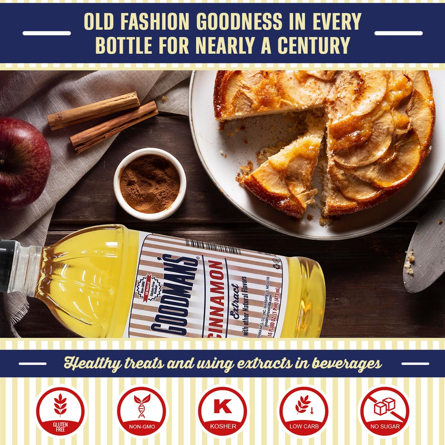 Goodman's Cinnamon Extract - Gluten-Free, Non-GMO, Kosher, Low Carb & Calorie, No Artificial Color - Rich Spicy Aroma for Baking & More - 1 Pint