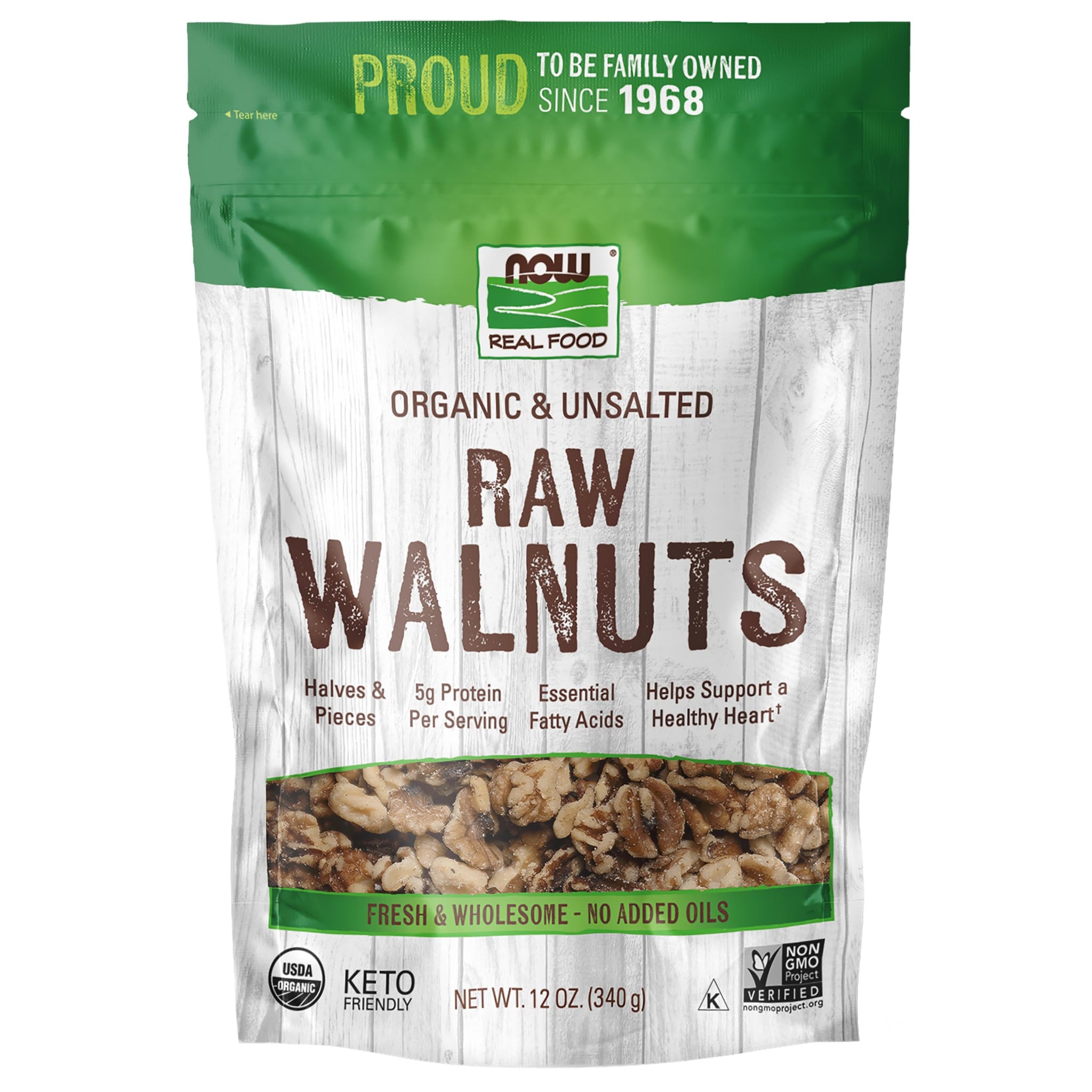 NOW Foods, Certified Organic Walnuts, Raw and Unsalted, Halves and Pieces, Good Source of Protein and Healthy Fatty Acids, Certified Non-GMO, 12-Ounce