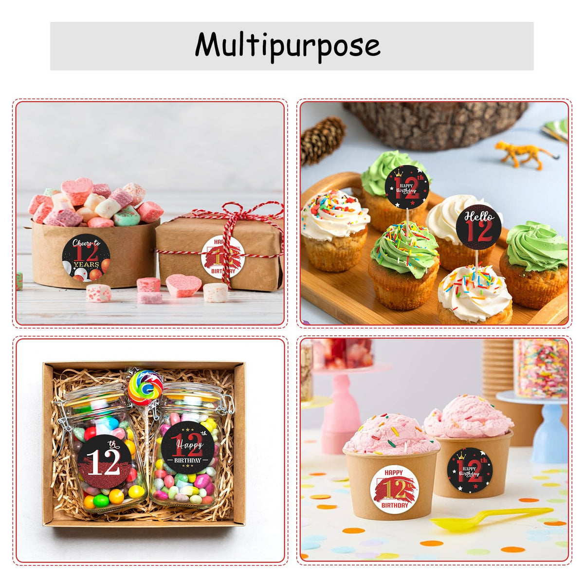 Happy 12th Birthday Party Favor Labels Chocolate Kisses Candy Stickers - Twelve Yrars Old Birthday Round Candy Sticker Party Favors - Black and Red