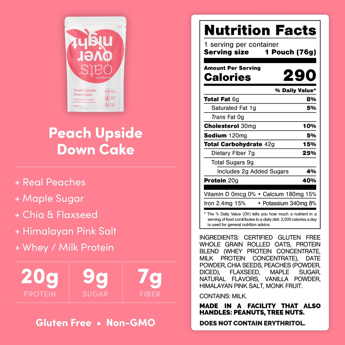 Oats Overnight - Peach Upside Down Cake - 20g Protein, High Fiber Breakfast Shake - Gluten Free, Non GMO Oatmeal (2.7 oz per Meal) (8 Pack)