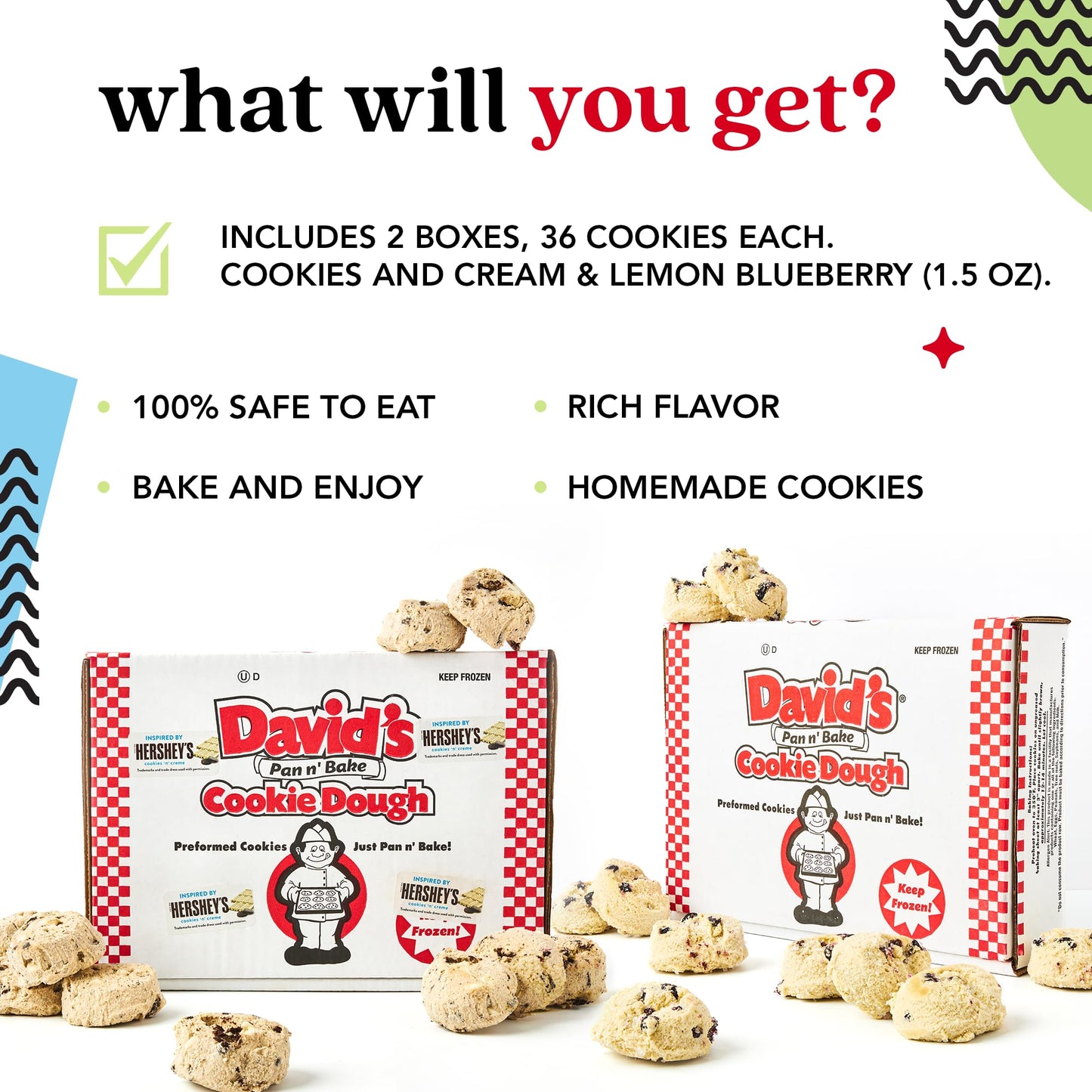 David's Cookies Cookies and Cream and Lemon Blueberry Decadent Cookie Dough Ready to Bake Frozen Variety Pack with Chocolate Cookie Pieces White