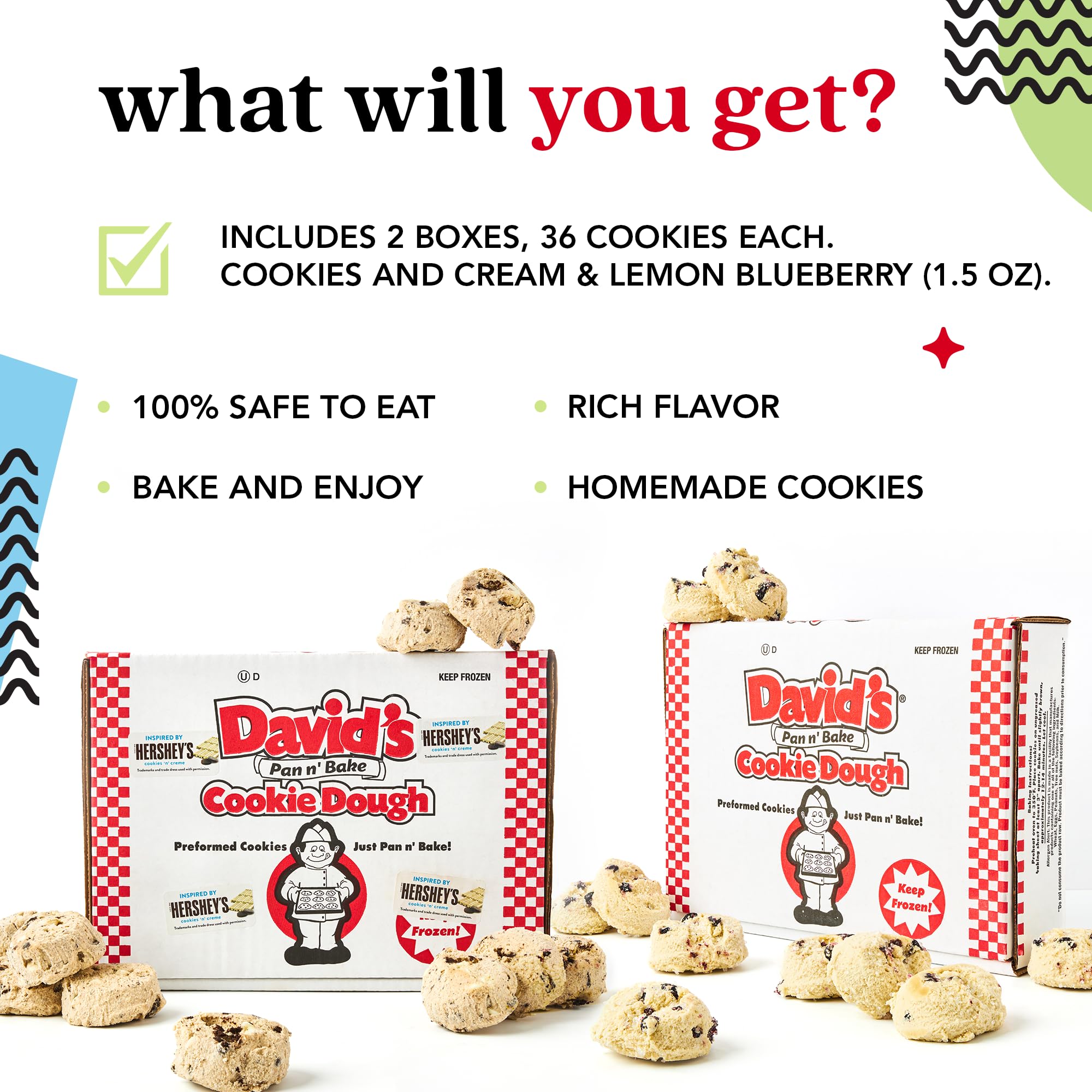 David's Cookies Cookies and Cream and Lemon Blueberry Decadent Cookie Dough Ready to Bake Frozen Variety Pack with Chocolate Cookie Pieces White