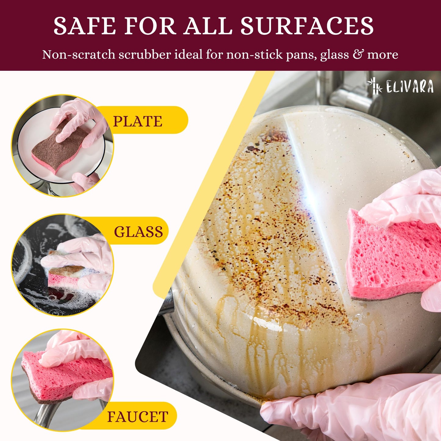 ELIVARA Kitchen Sponges - 12 Pack - Non-Scratch Dual-Sided Cellulose Scrub Sponges for Dishes, Pots, and Pans - Durable, Absorbent, and Reusable