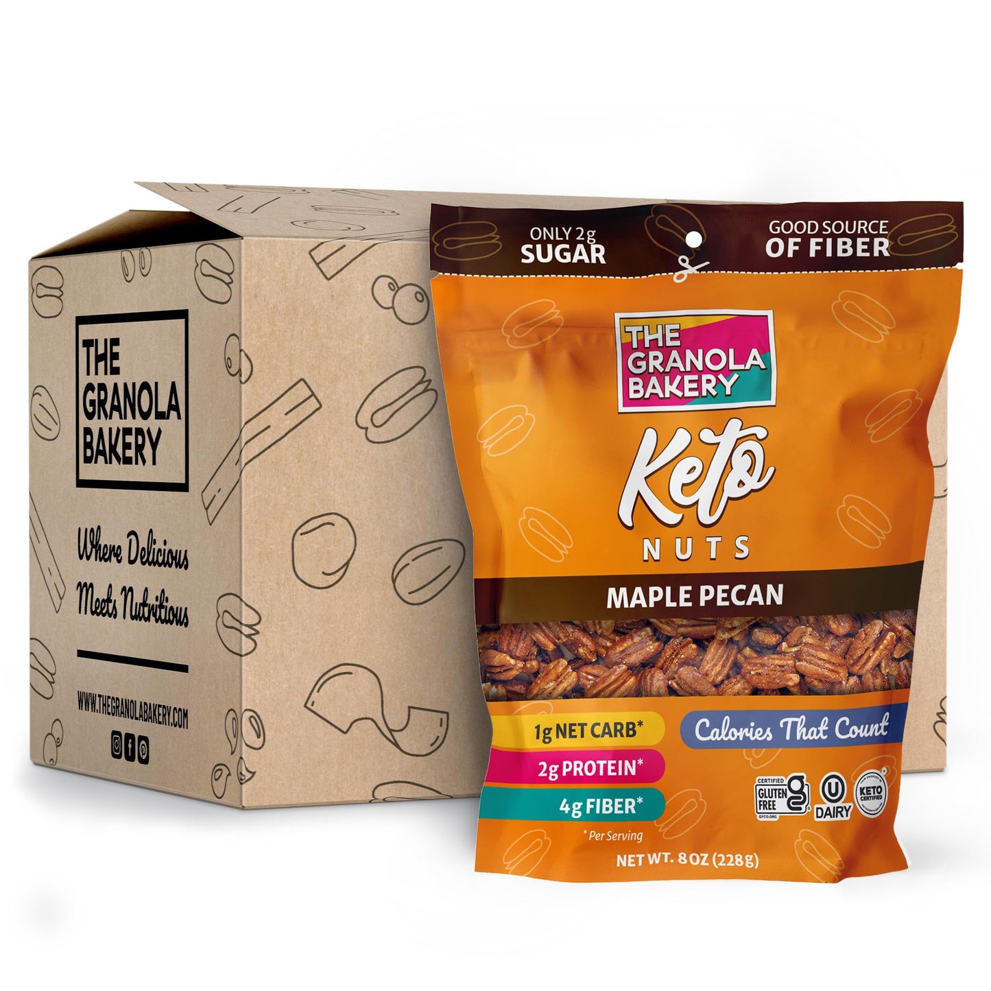 THE GRANOLA BAKERY TGB Maple Pecan Keto Nuts, 1g Net Carb, No Added Sugar, High Fiber, Gluten Free, Grain Free, Healthy Low Carb Snack, 8oz Resealable