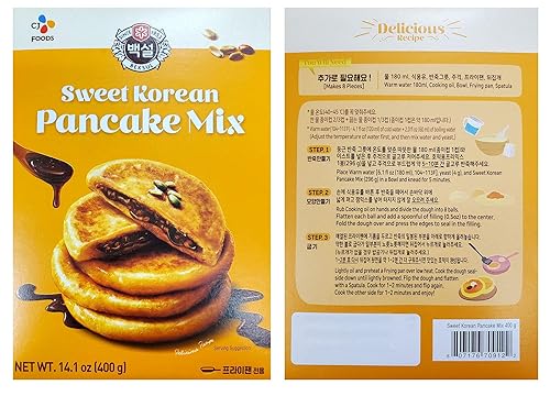 Korean Fancy Hotcake Mix; CJ Beksul Korean Sweet & Green Tea Pancake Mix, Hotteok (14.10 oz, 400g) ; ????? CJ ?? ??, ???? ??; ?? ?? ?? ??? ?? (Sweet, 3 Packs)