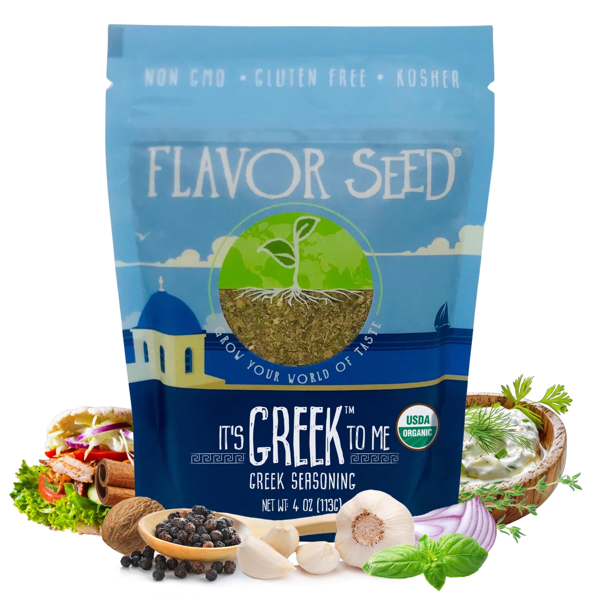 Organic Greek Seasoning Blend - It's Greek To Me by Flavor Seed, Mediterranean Herbs & Spices for Gyro, Tzatziki & Kebab, Carnivore & Keto Friendly, 4