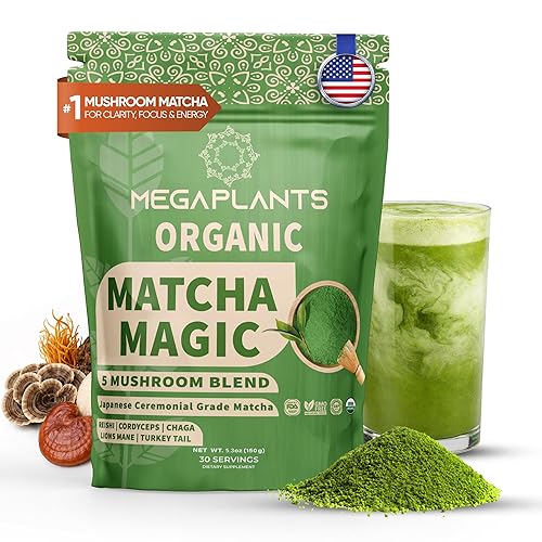 MEGAPLANTS Mushroom Matcha Magic (30 Servings) | Ceremonial Grade Japanese Matcha with Adaptogenic Mushrooms | Clean Energy & Calm Focus - Coffee