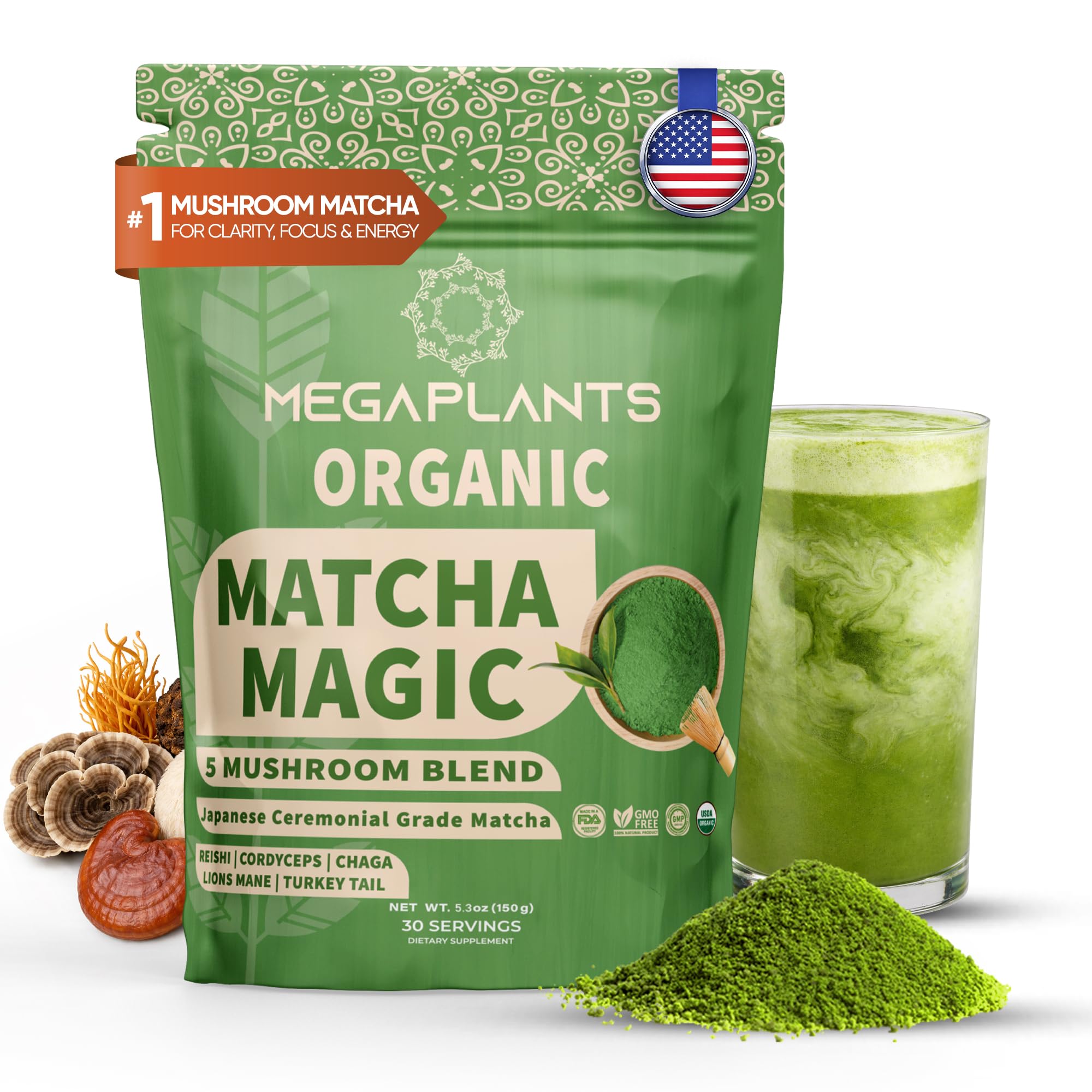 MEGAPLANTS Mushroom Matcha Magic (30 Servings) | Ceremonial Grade Japanese Matcha with Adaptogenic Mushrooms | Clean Energy & Calm Focus - Coffee