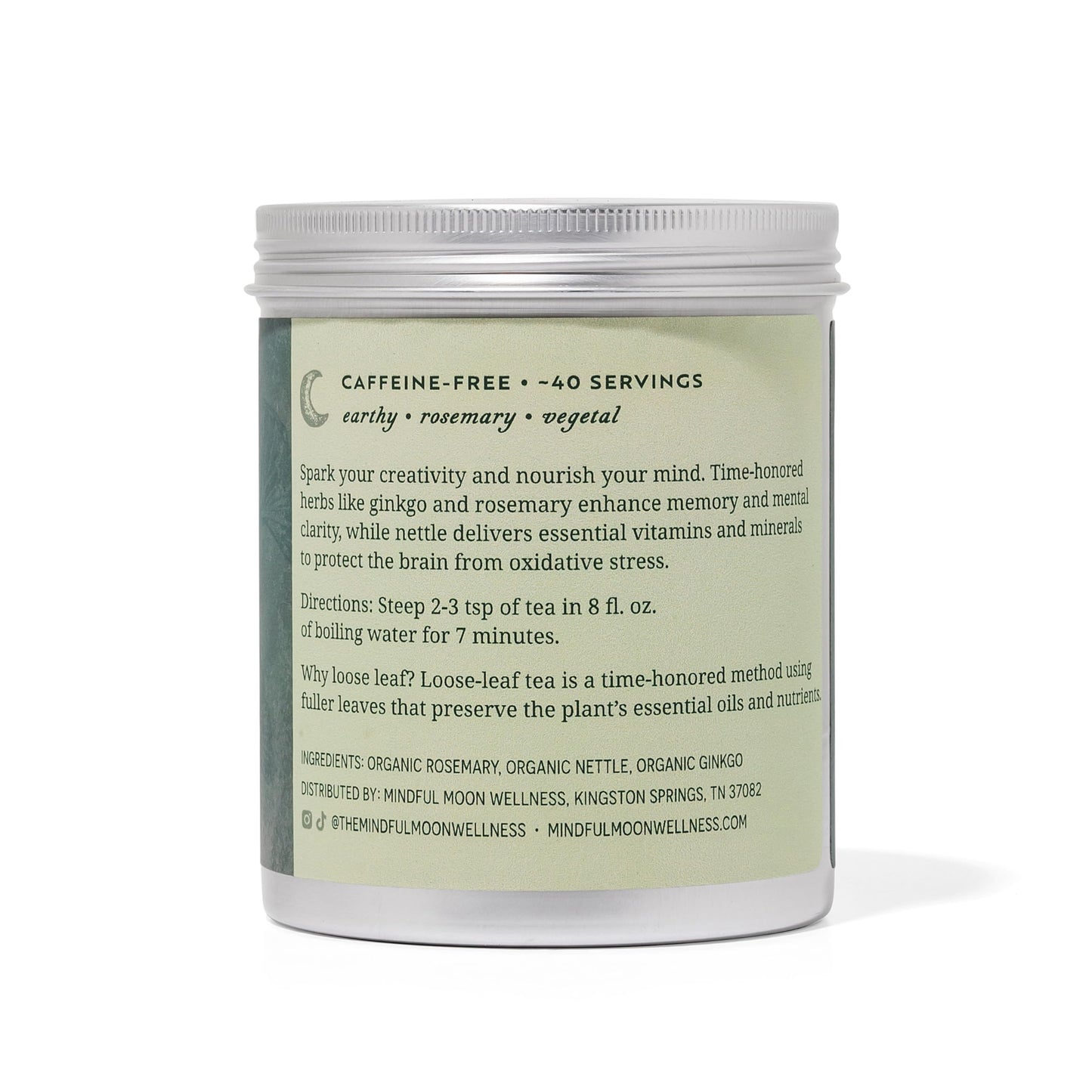 Brain Power Herbal Tea by Mindful Moon - Focus & Memory Support Blend with Ginkgo, Nettle & Rosemary - Caffeine-Free, Loose Leaf (Large)