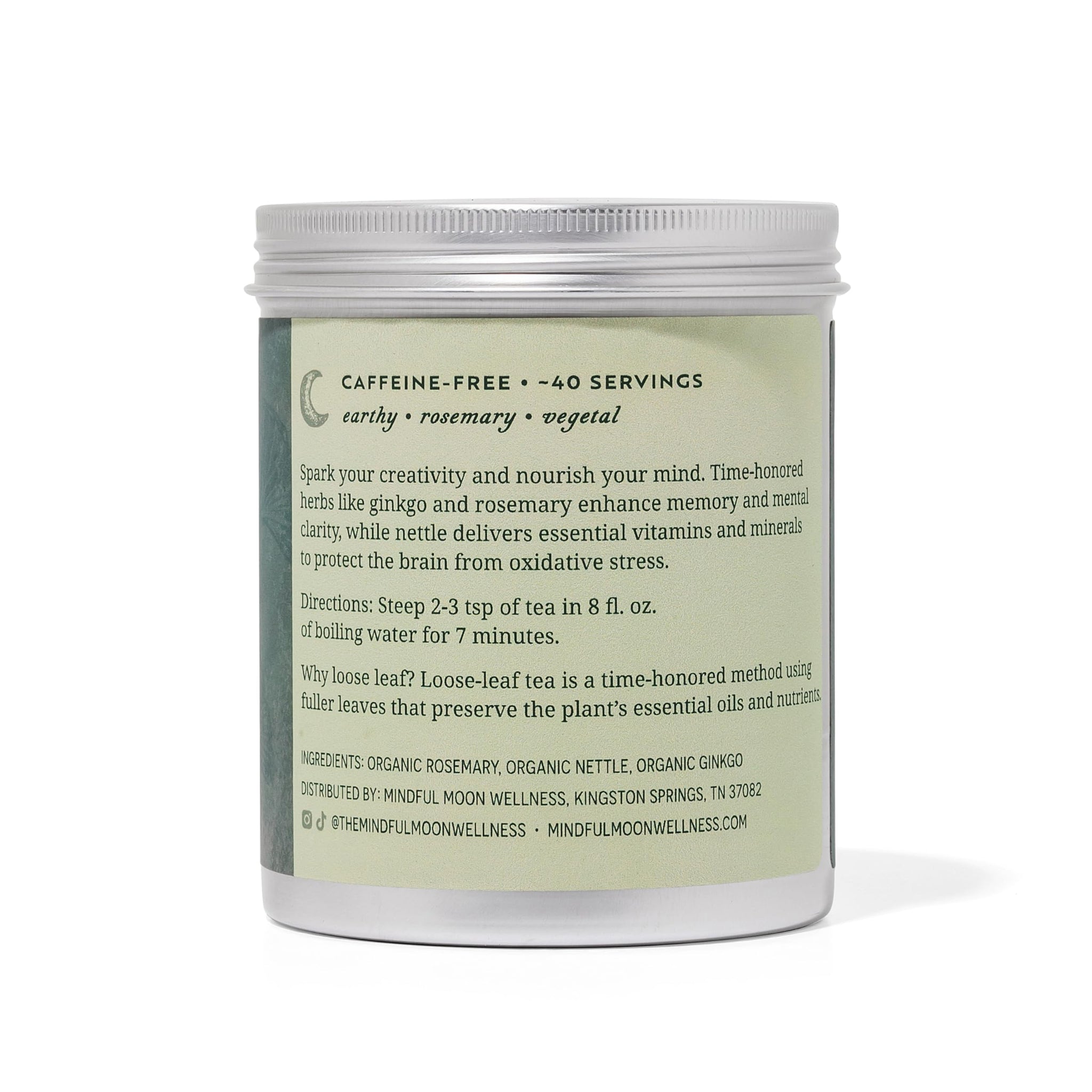 Brain Power Herbal Tea by Mindful Moon - Focus & Memory Support Blend with Ginkgo, Nettle & Rosemary - Caffeine-Free, Loose Leaf (Large)