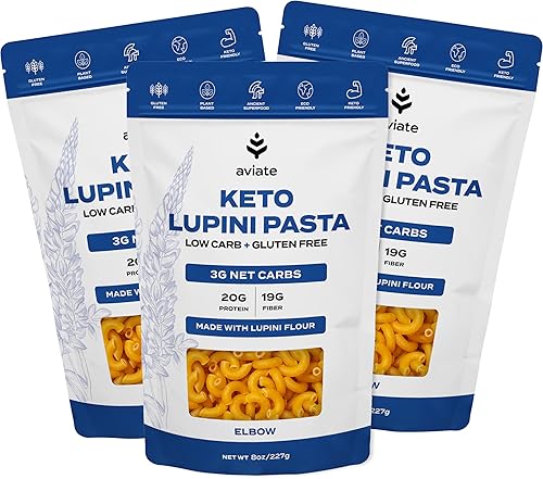 Aviate Keto Pasta Elbows - Low Carb (3g Net) Lupini Noodles, High Protein (20g), Gluten-Free, Made with Lupin Flour, Plant Based Vegan, Keto-Friendly