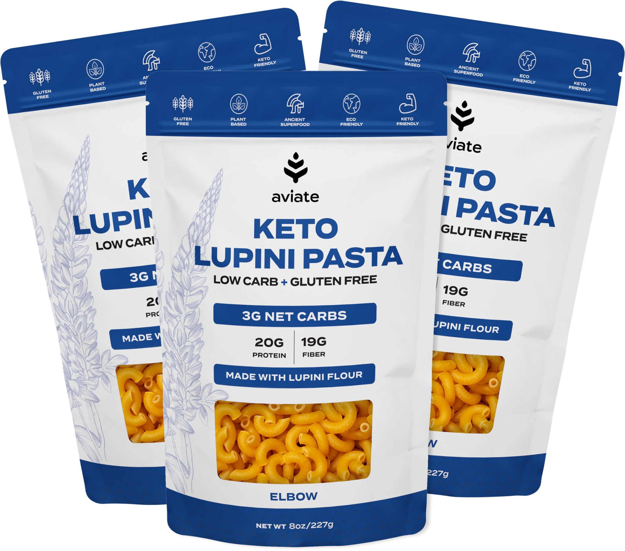 Aviate Keto Pasta Elbows - Low Carb (3g Net) Lupini Noodles, High Protein (20g), Gluten-Free, Made with Lupin Flour, Plant Based Vegan, Keto-Friendly