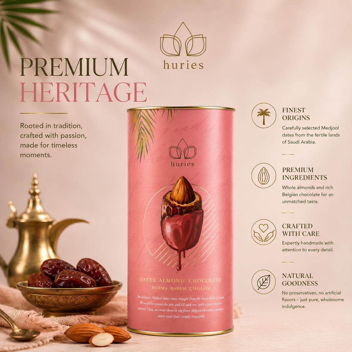 Huries Strawberry Chocolate Covered Dates with Almonds, Individually Wrapped Gourmet Stuffed Date Candy, Turkish Dessert Snack, 200 g