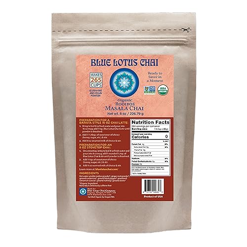Blue Lotus Chai - Organic Rooibos Masala Chai - Makes 265 Cups - Caffeine-Free, No Steeping, No Gluten - 8 Ounce Masala Chai Powder with Organic