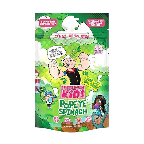 Popeye’s Spinach Sugar Free Gum by Bubblegum Kids | Topical Fruit Flavor, Sugarless Gum with Xylitol | Vegan, Low Calorie Candy for Kids & Adults |