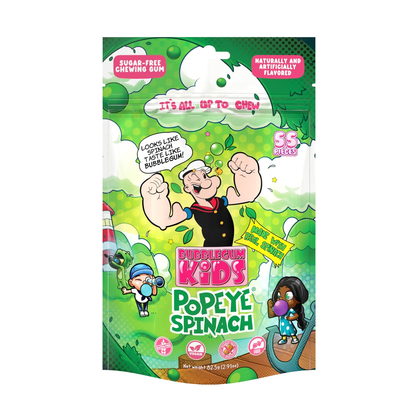 Popeye’s Spinach Sugar Free Gum by Bubblegum Kids | Topical Fruit Flavor, Sugarless Gum with Xylitol | Vegan, Low Calorie Candy for Kids & Adults |