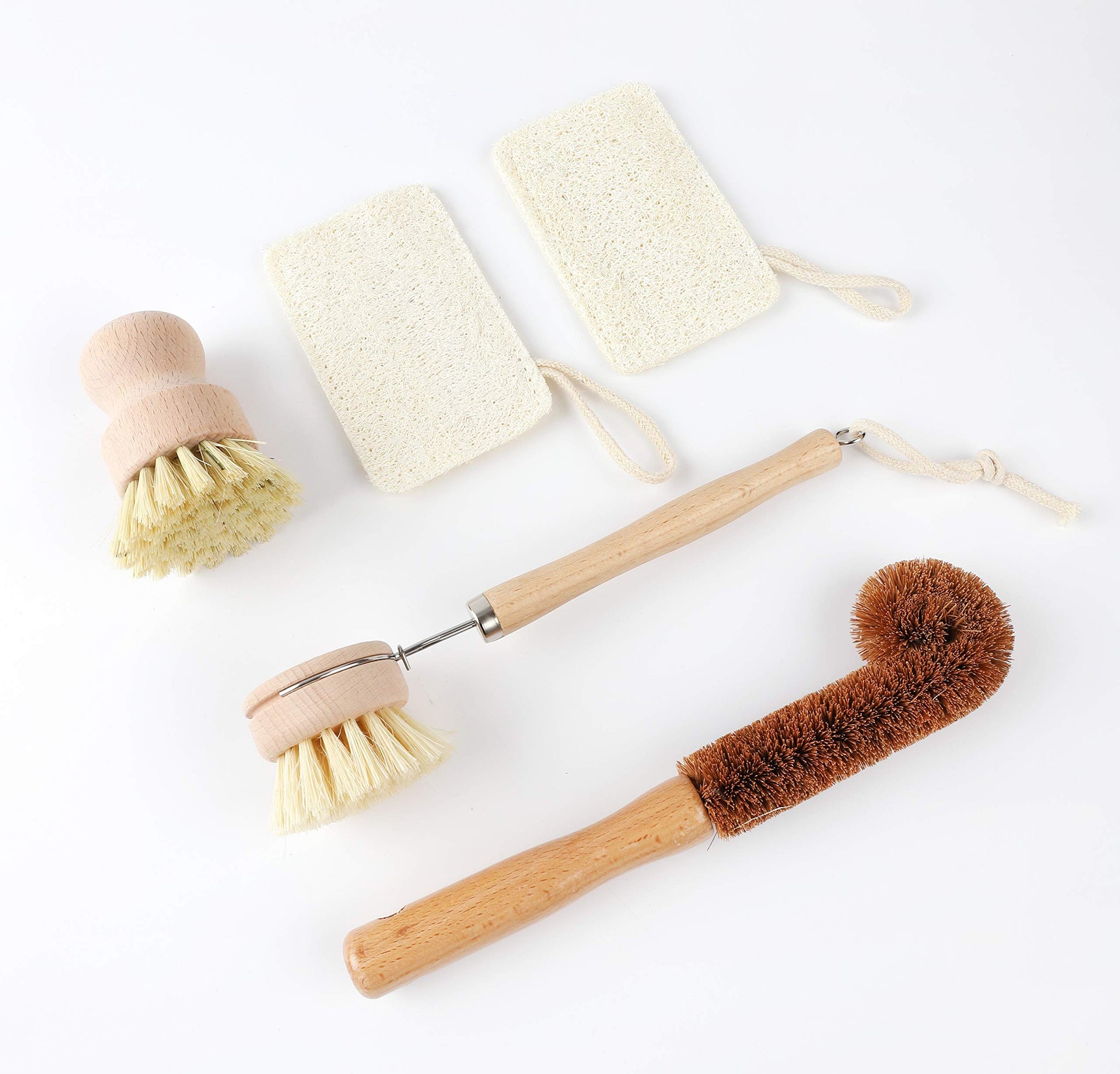 TXV Mart Eco-Friendly Natural Wooden Kitchen Cleaning Brush Set, 5 Piece, Wooden Dish Cleaning Brush Set, Loofah Dish Sponges, Dish and Bottle