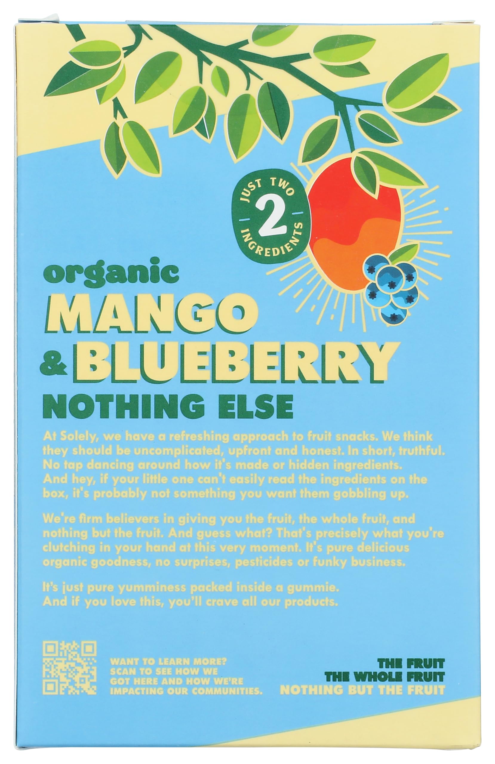 SOLELY - Organic Mango & Blueberry Whole Fruit Gummies (5 Bags per Box, 8 boxes) - Real Fresh Fruit - Healthy Snacks for Adults & Kids - Non-GMO