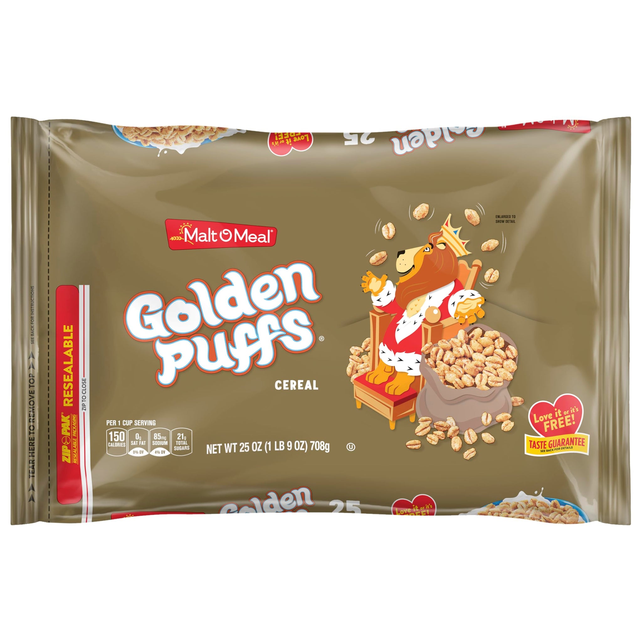 Malt-O-Meal Golden Puffs Breakfast Cereal, Sweetened Puffed Wheat, Bulk Family Size, 25 oz Resealable Bag