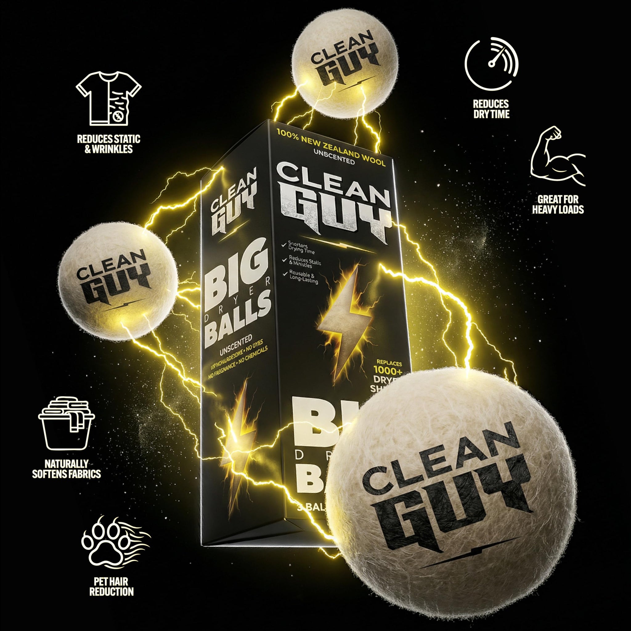 Clean Guy Wool Dryer Balls XL 3-Pack- Natural Fabric Softener, Reusable Laundry Dryer Balls -Reduce Drying Time, Static & Wrinkles- Hypoallergenic
