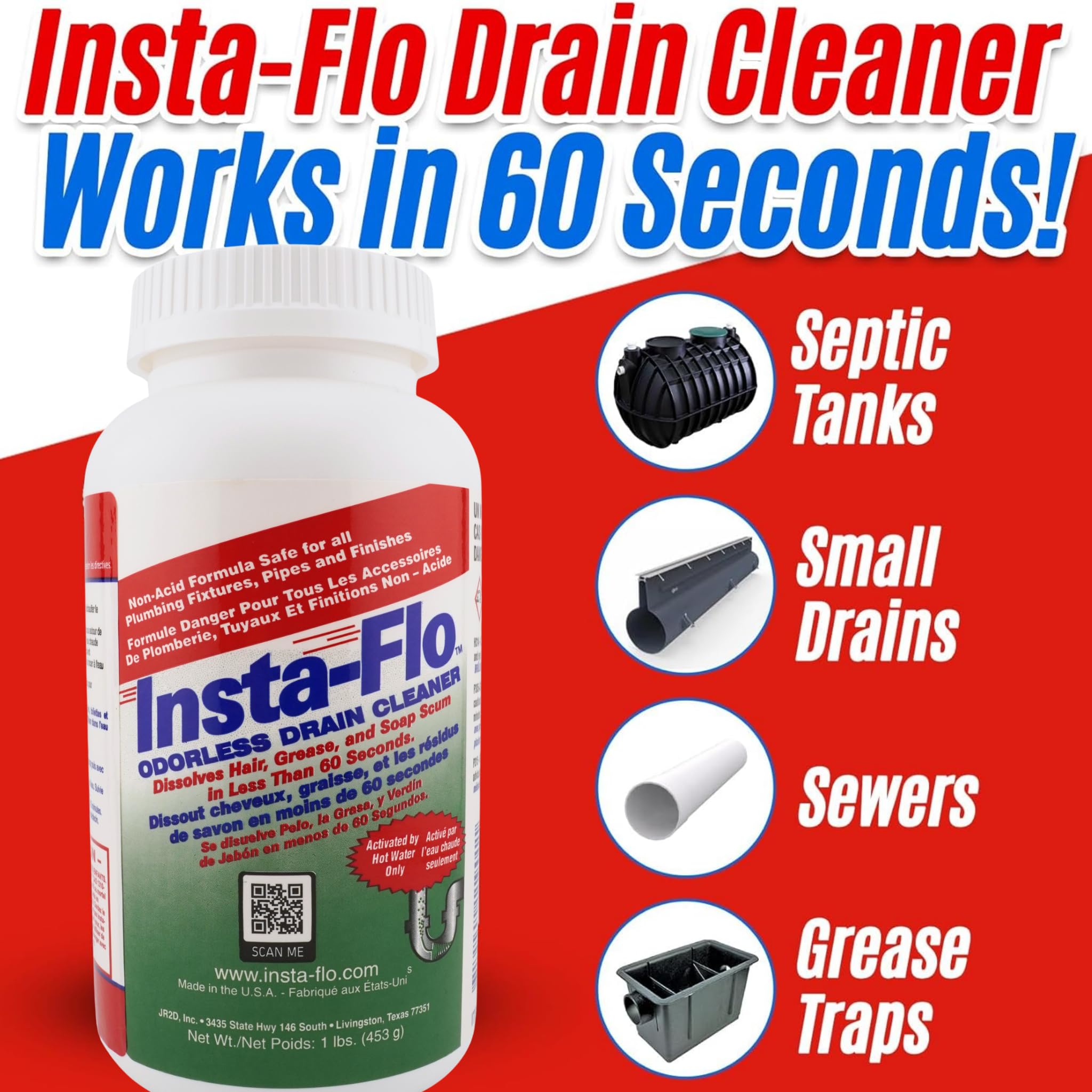Insta-Flo Crystals Drain Cleaner - 1 lb (16 oz) - Odorless Drain Opener for Hair & Grease by Thrift Marketing