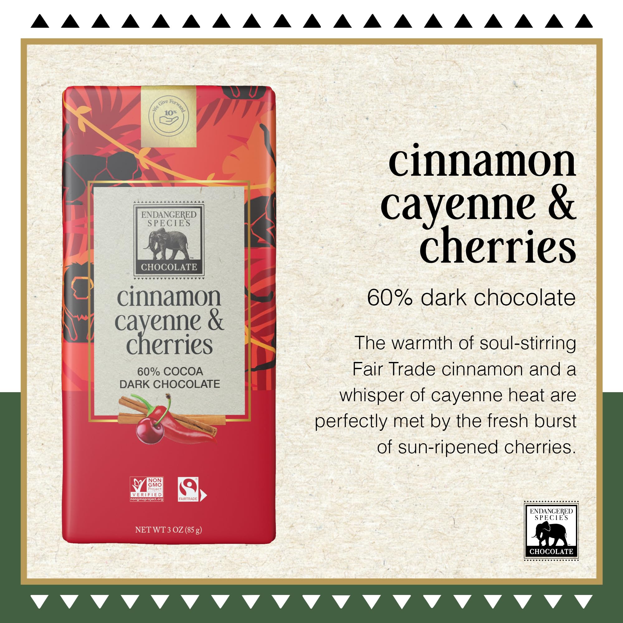 Endangered Species Dark Chocolate Bar with Cinnamon, Cayenne & Cherry (60% cocoa)