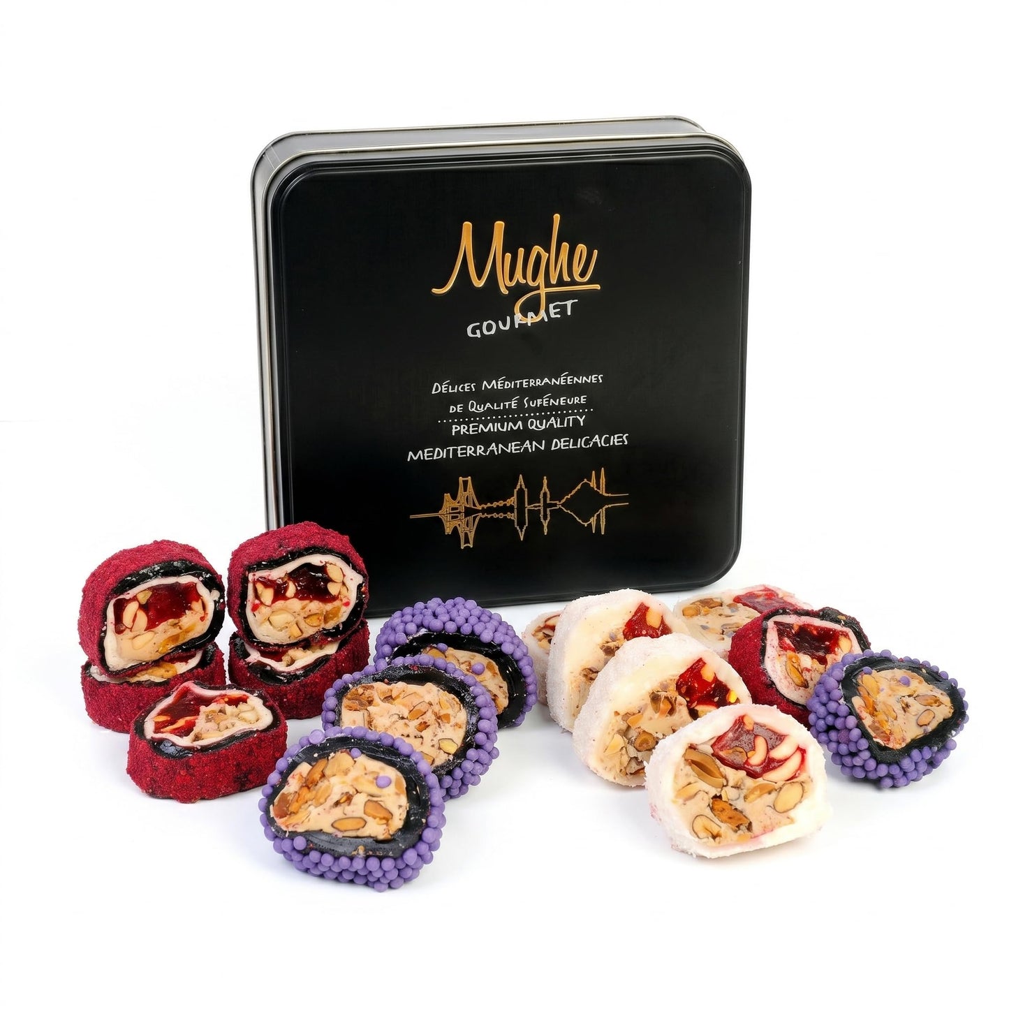 Mughe Gourmet Creamy Crunch Turkish Delight with Premium Nuts - 350g Lokum in Metal Gift Box - Authentic Snack & Dessert