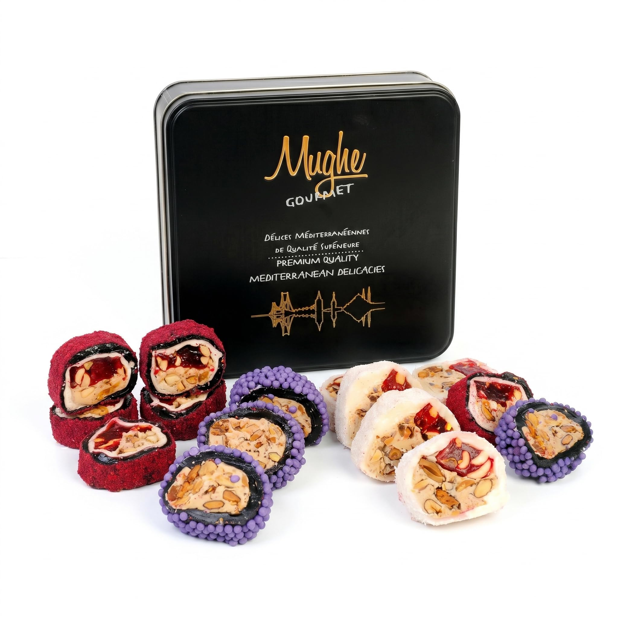 Mughe Gourmet Creamy Crunch Turkish Delight with Premium Nuts - 350g Lokum in Metal Gift Box - Authentic Snack & Dessert