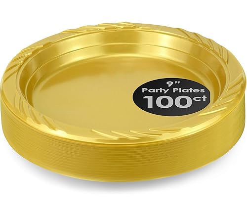 DecorRack 100 Plastic Party Plates, Heavy Duty 9 inch Round Tableware Disposable Party Supplies, Lunch, Dinner Plates for Birthdays, Indoor, Outdoor