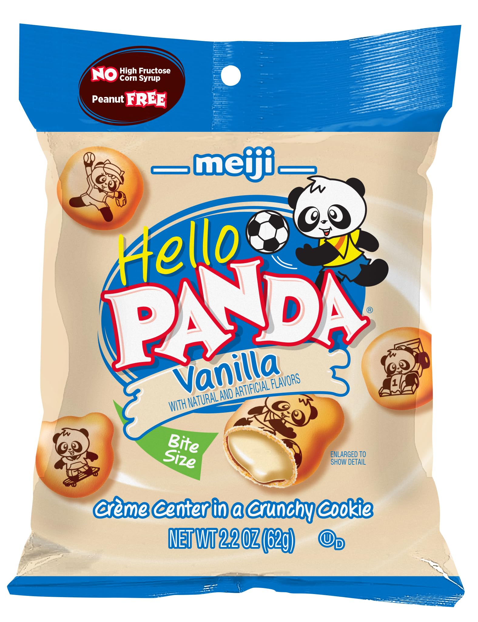 Meiji Hello Panda Cookies, Vanilla Crème Filled - 2.2 oz, Pack of 6 - Bite Sized Cookies with Fun Panda Sports