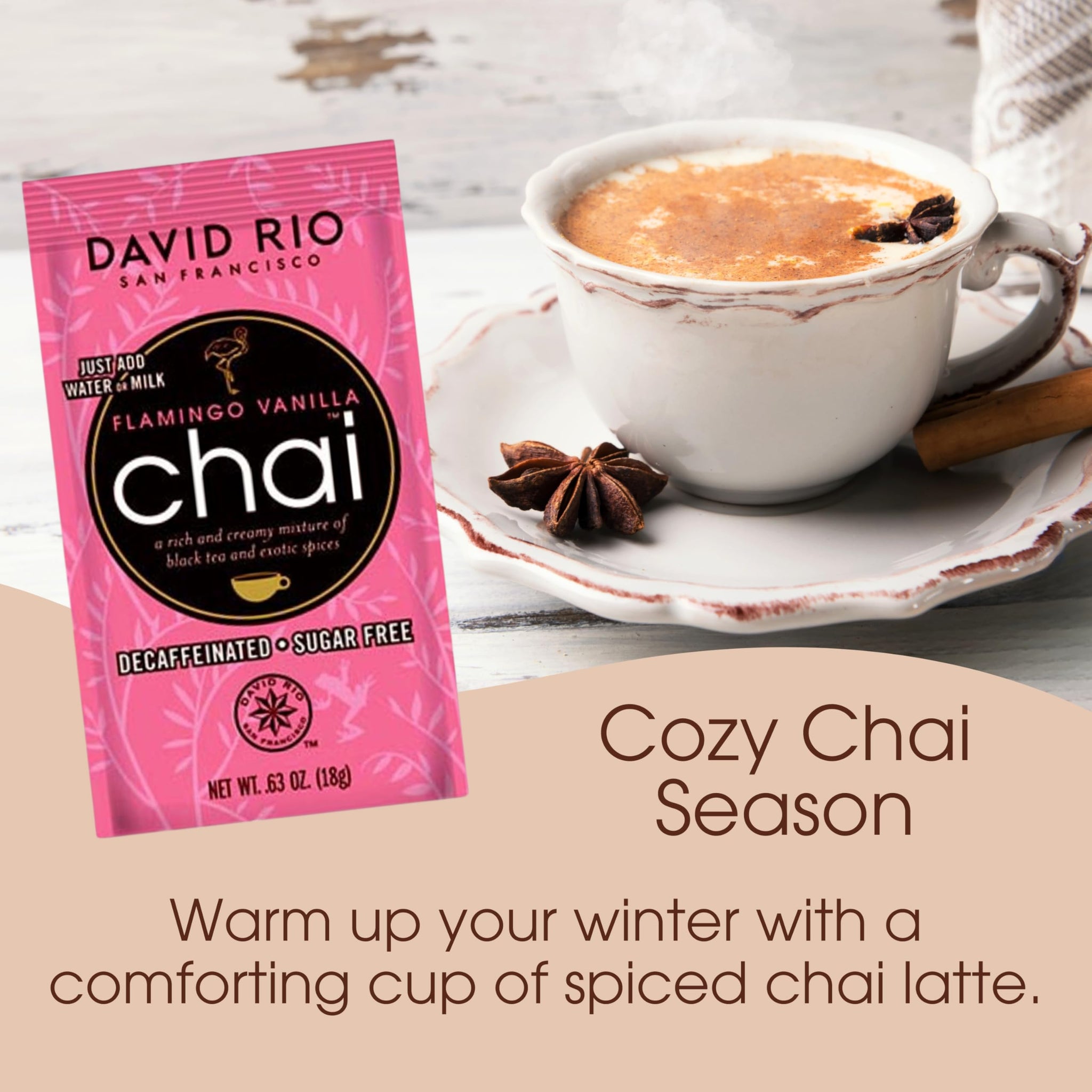 Flamingo Vanilla Decaffeinated Reduced Calorie Chai Tea Latte Mix, 0.63 Oz (Pack of 48), Single Serve Packets, Decaf Black Tea, Organic Spices, Sugar