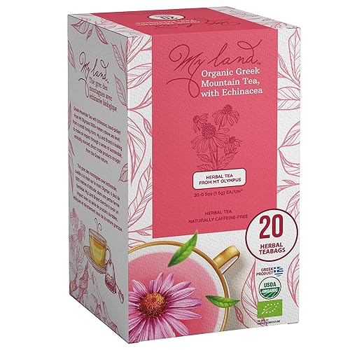 My Land Organic Greek Mountain Tea with Echinacea - Naturally Dried & Handcrafted Herbal Tea from Mount Olympus, 20 Count (Pack of 1)