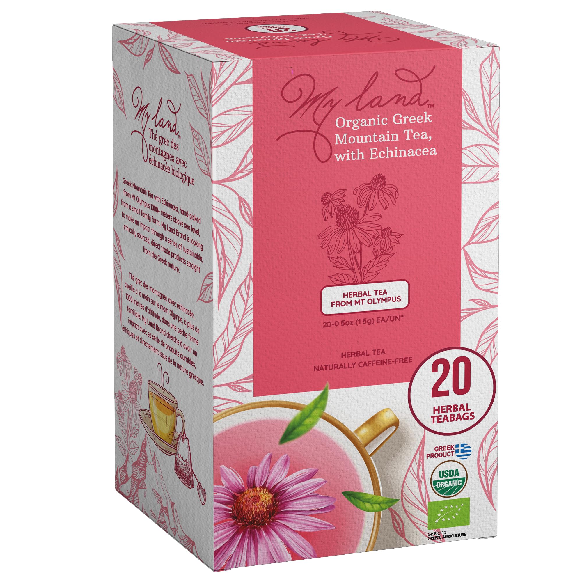My Land Organic Greek Mountain Tea with Echinacea - Naturally Dried & Handcrafted Herbal Tea from Mount Olympus, 20 Count (Pack of 1)