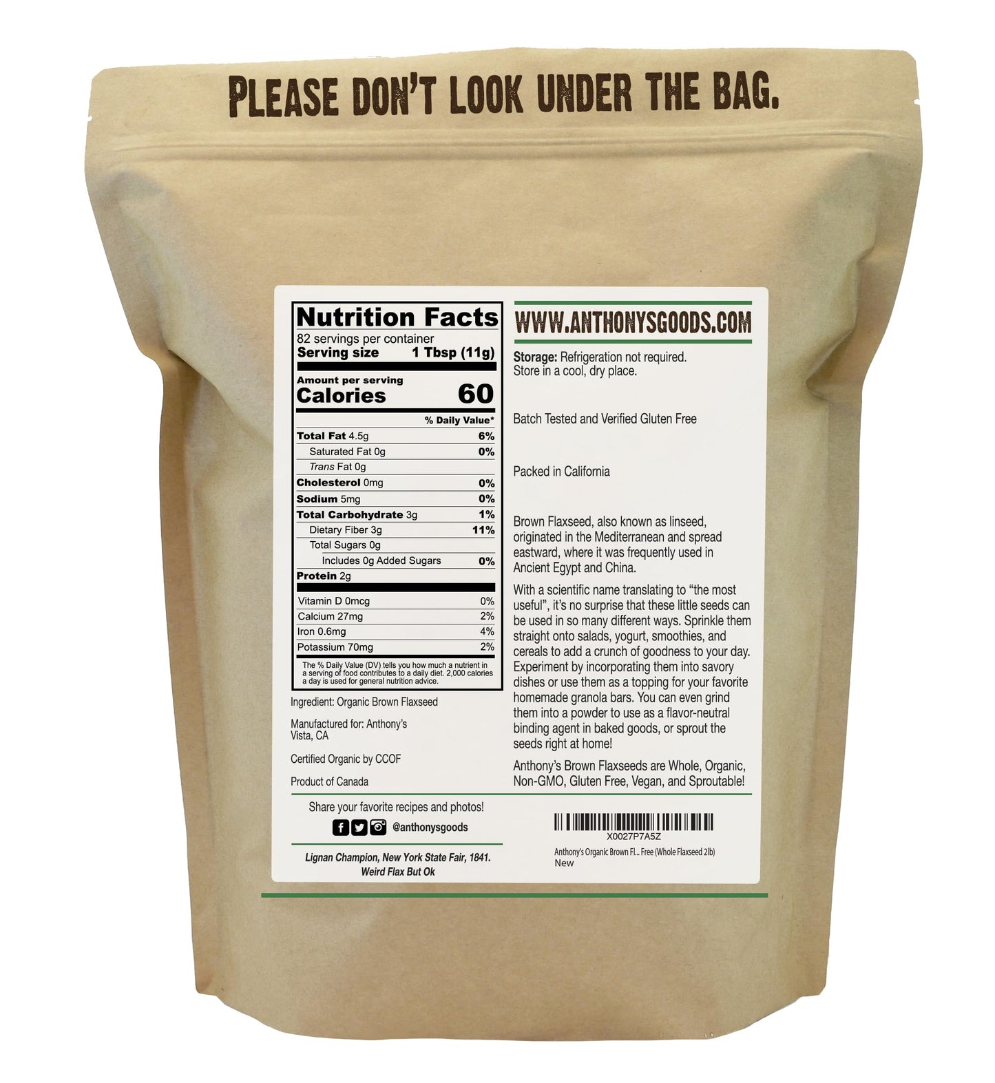 Anthony's Organic Brown Whole Flaxseed, 2 lb, Batch Tested and Gluten Free, Raw, Non GMO, Sproutable, Keto Friendly