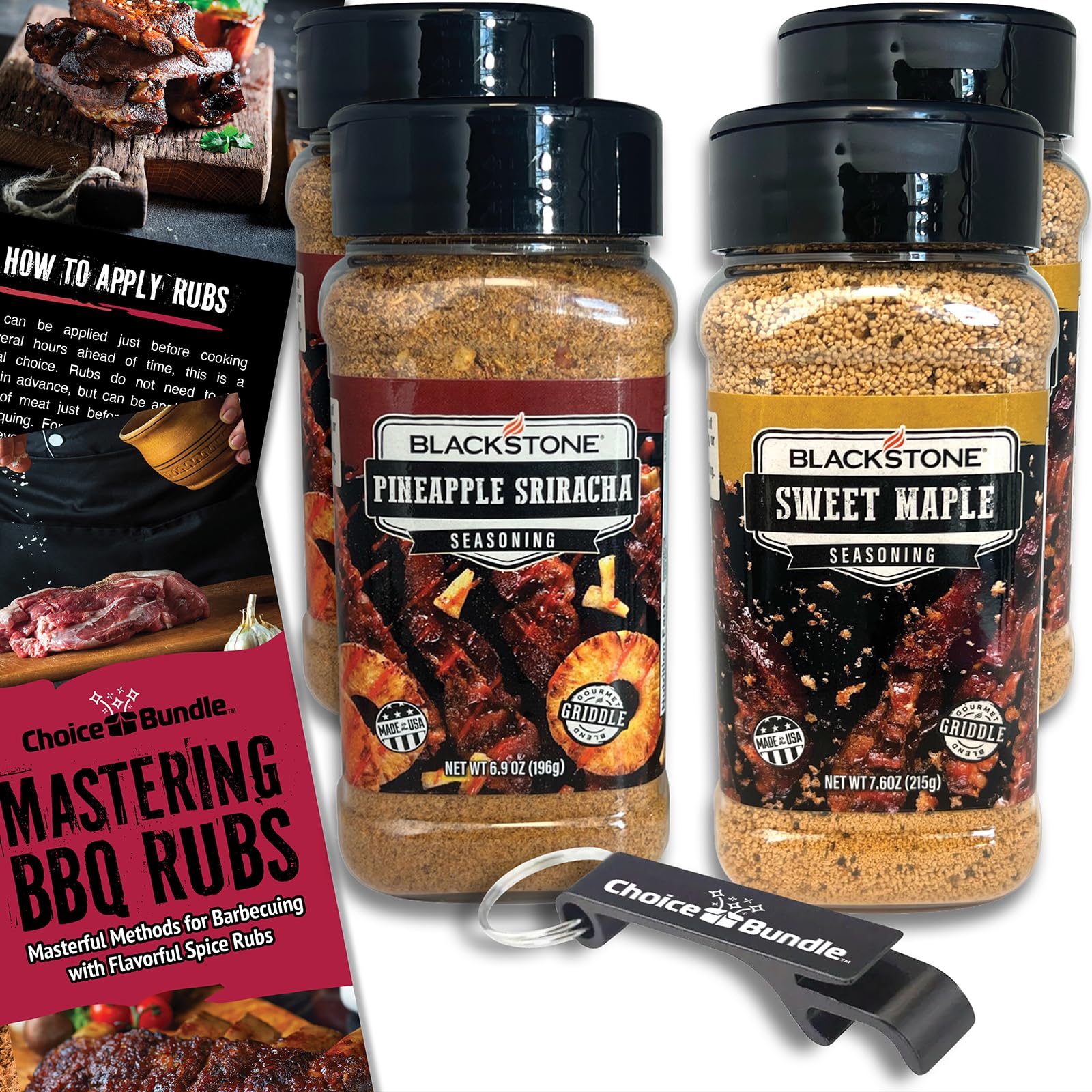 Blackstone Sweet Maple & Pineapple Sriracha Seasoning - Gourmet Griddle Premium BBQ Barbecue Rub 4 Pk Choice Bundle (29 oz) + BBQ Guide & Opener (6
