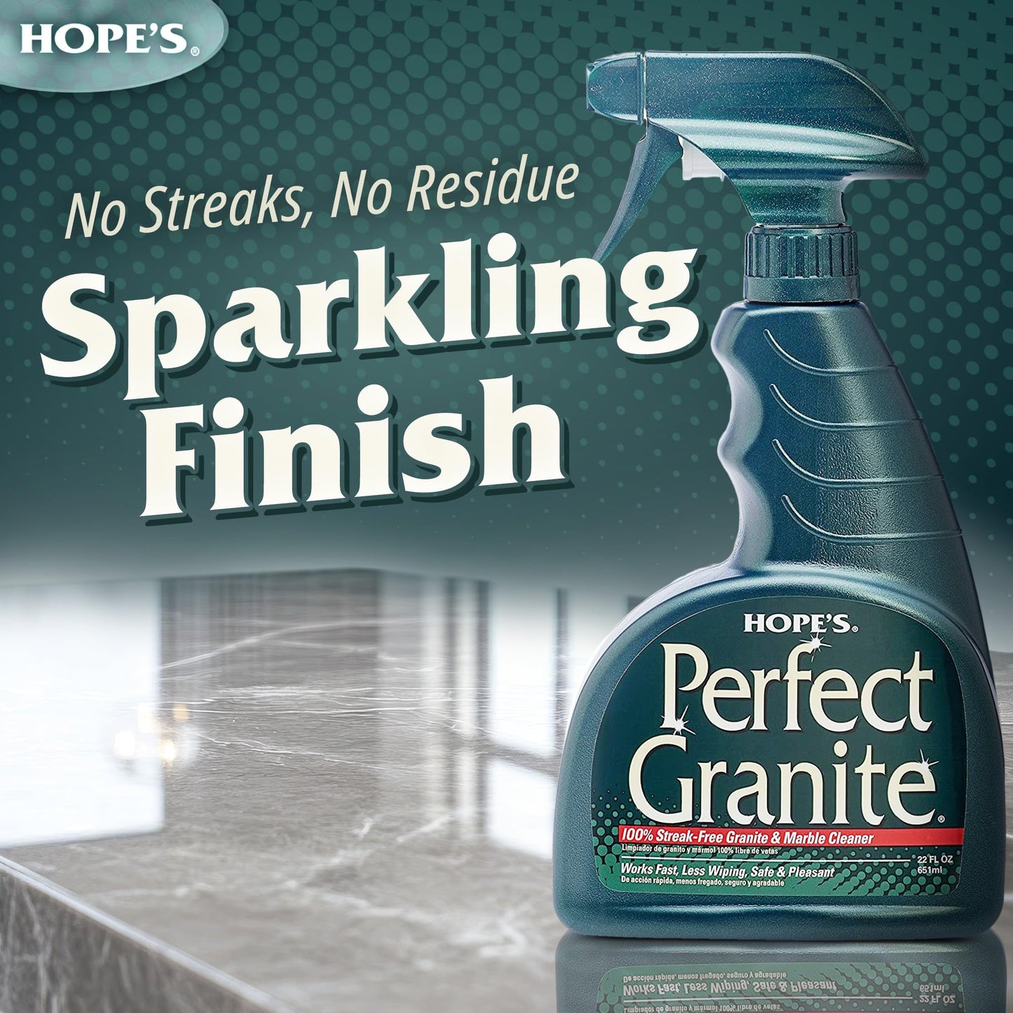 HOPE'S Perfect Granite & Marble Countertop Cleaner with Microfiber Cloth, Stain Remover and Polish, Streak-Free, Ammonia-Free, 22 Ounce, Pack of 1