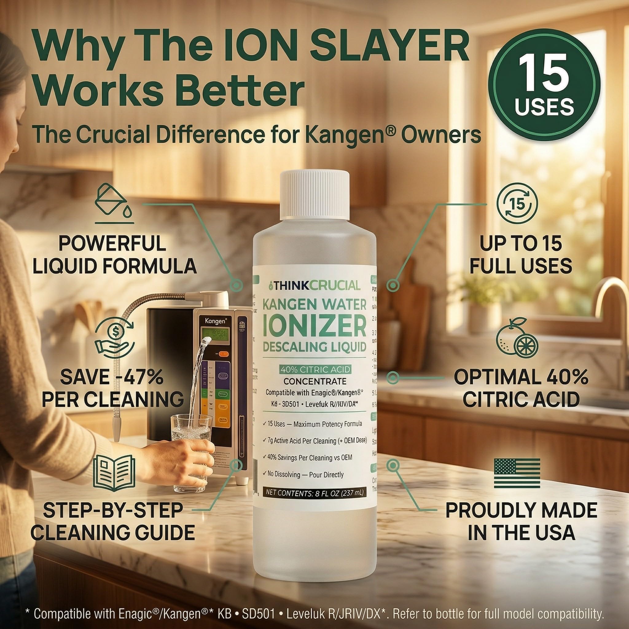 Think Crucial Water Ionizer Descaling Liquid - 40% Citric Acid, 15 Uses - Compatible with Enagic's Ionization Machines, K8, SD501, Leveluk - No