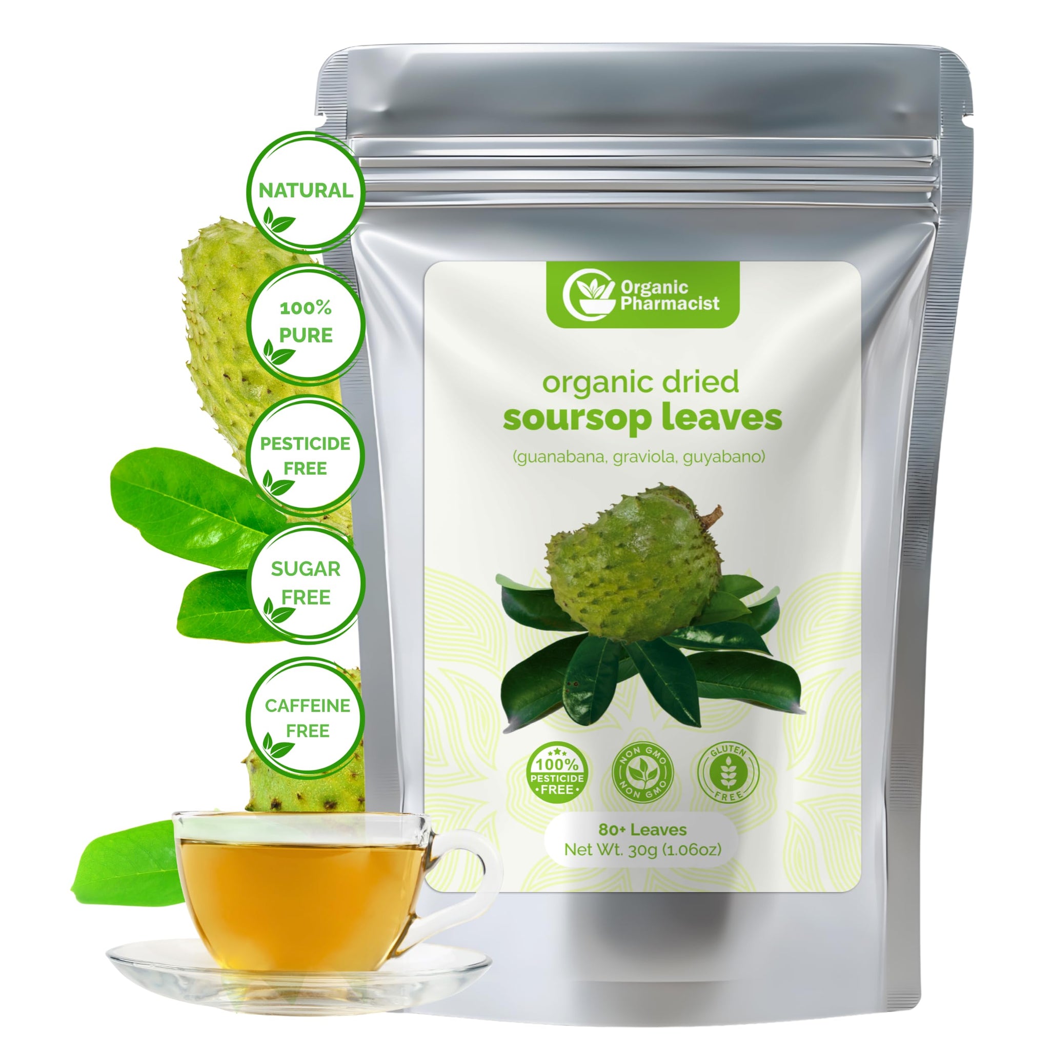 Organic Pharmacist Dried Soursop Leaves, Graviola Leaf, Guanabana, Guyabano Leaf, Used for Tea and Extract, Soursop Bitters for Tea, 30G, 80+ Whole