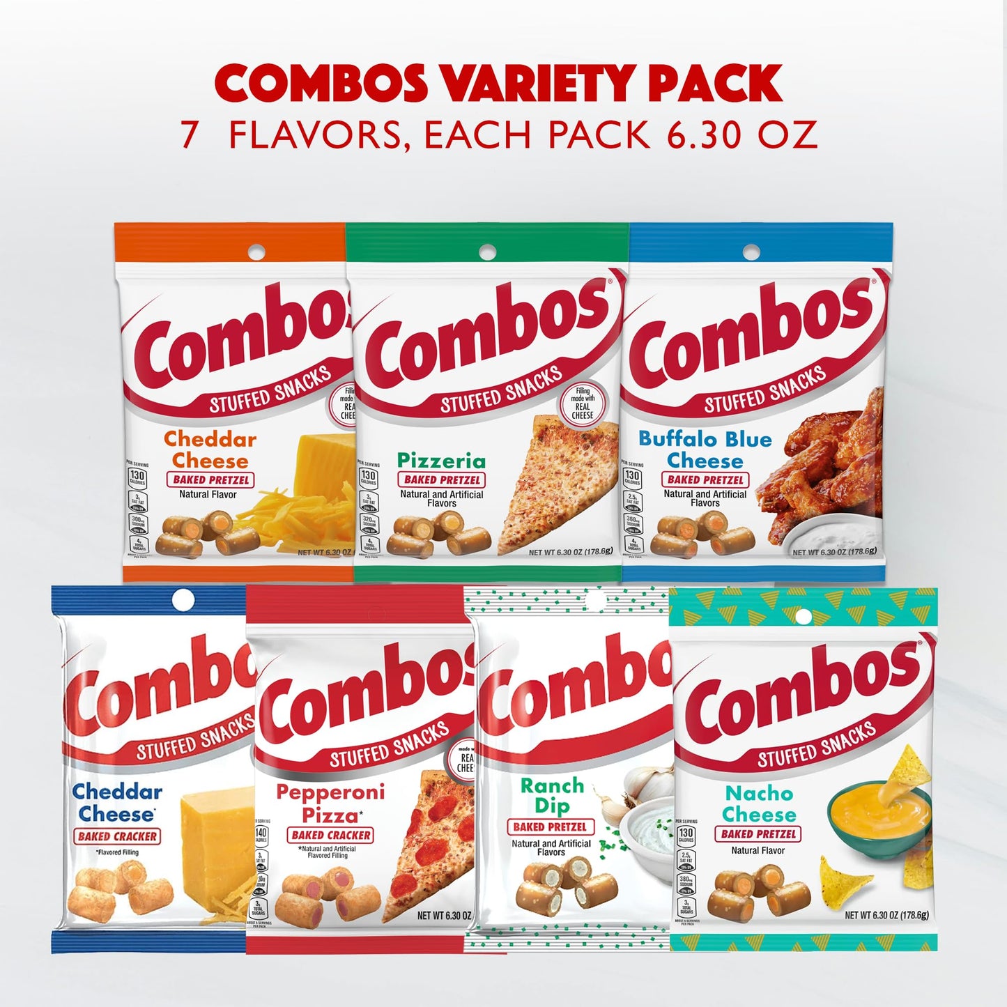 Combos Snacks Variety 7 Pack-Pepperoni Pizza, Cheddar Cheese Pretzels, Pizzeria, Buffalo Blue Cheese, Cheddar Cheese Crackers, Ranch Dip Pretzel