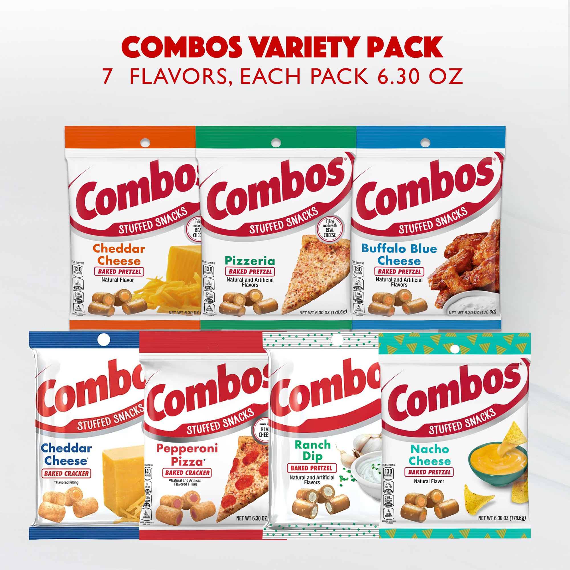 Combos Snacks Variety 7 Pack-Pepperoni Pizza, Cheddar Cheese Pretzels, Pizzeria, Buffalo Blue Cheese, Cheddar Cheese Crackers, Ranch Dip Pretzel