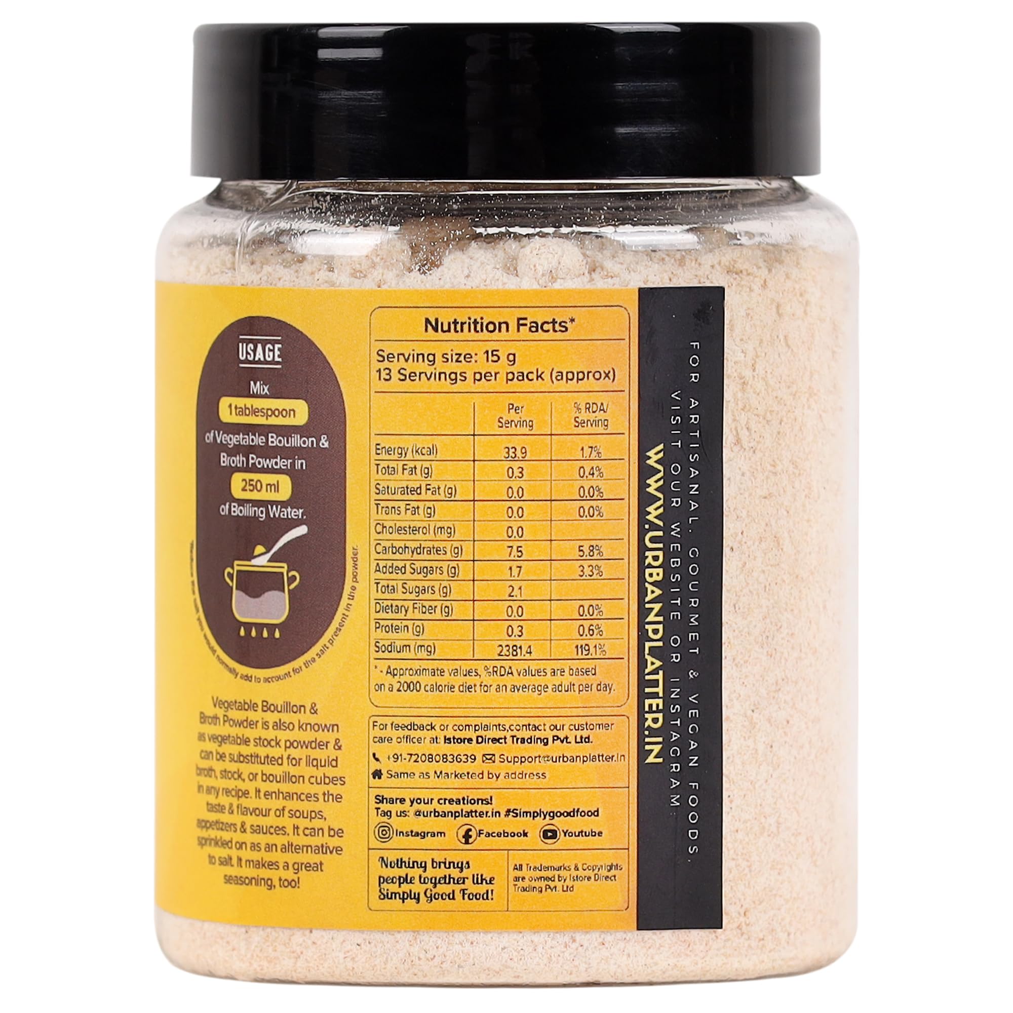 Urban Platter Vegetable Bouillon & Broth Powder | 7.05 Oz (200g) | Vegetable Stock to Your Favorite Soups, Stews, Sauces & Risottos | Gourmet Broth