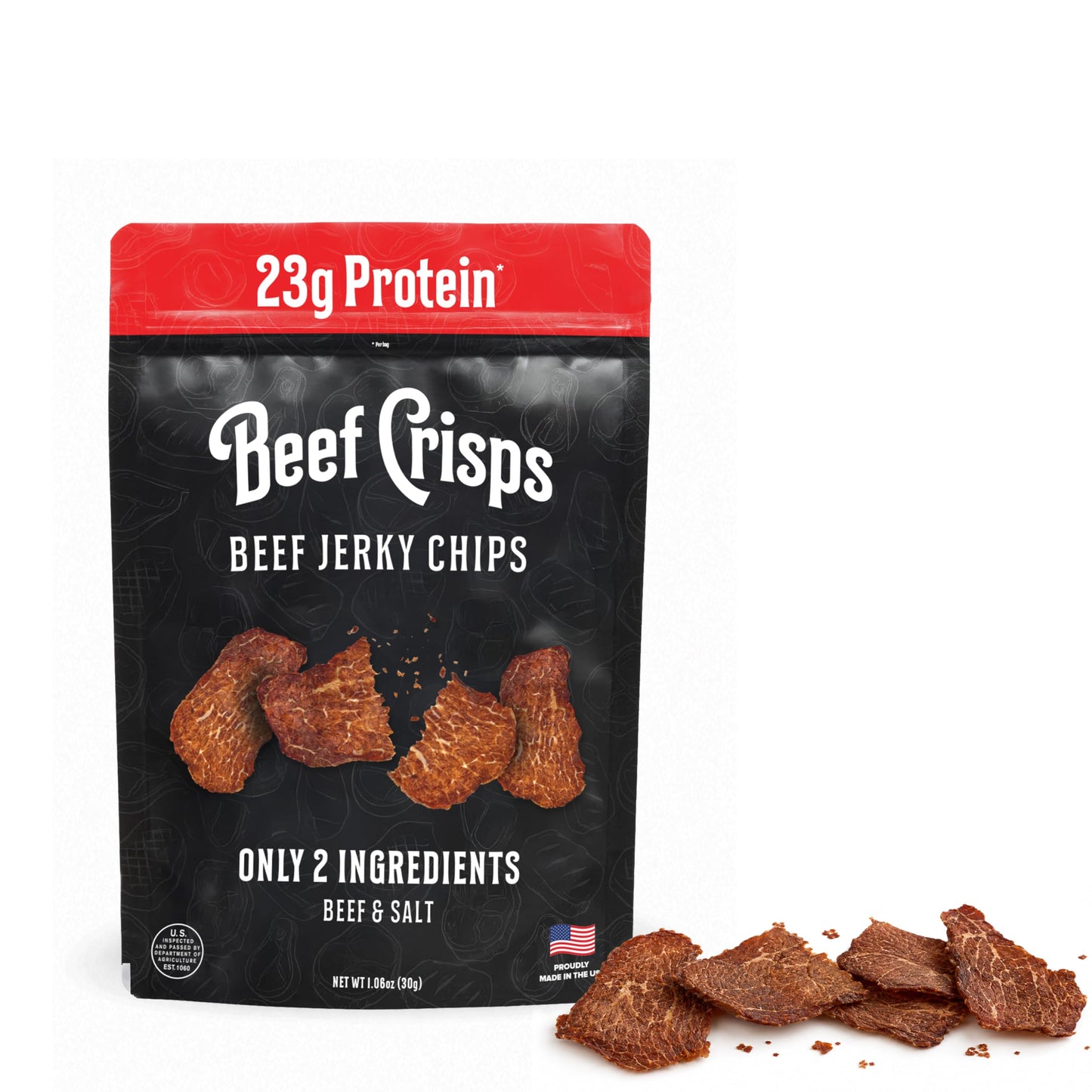 Beef Crisps by Bingeworthy Snacks - High Protein Crispy Beef Chips, 23g Protein per Bag, 120 Calories, Only 2 Ingredients (Beef & Salt), Keto Paleo