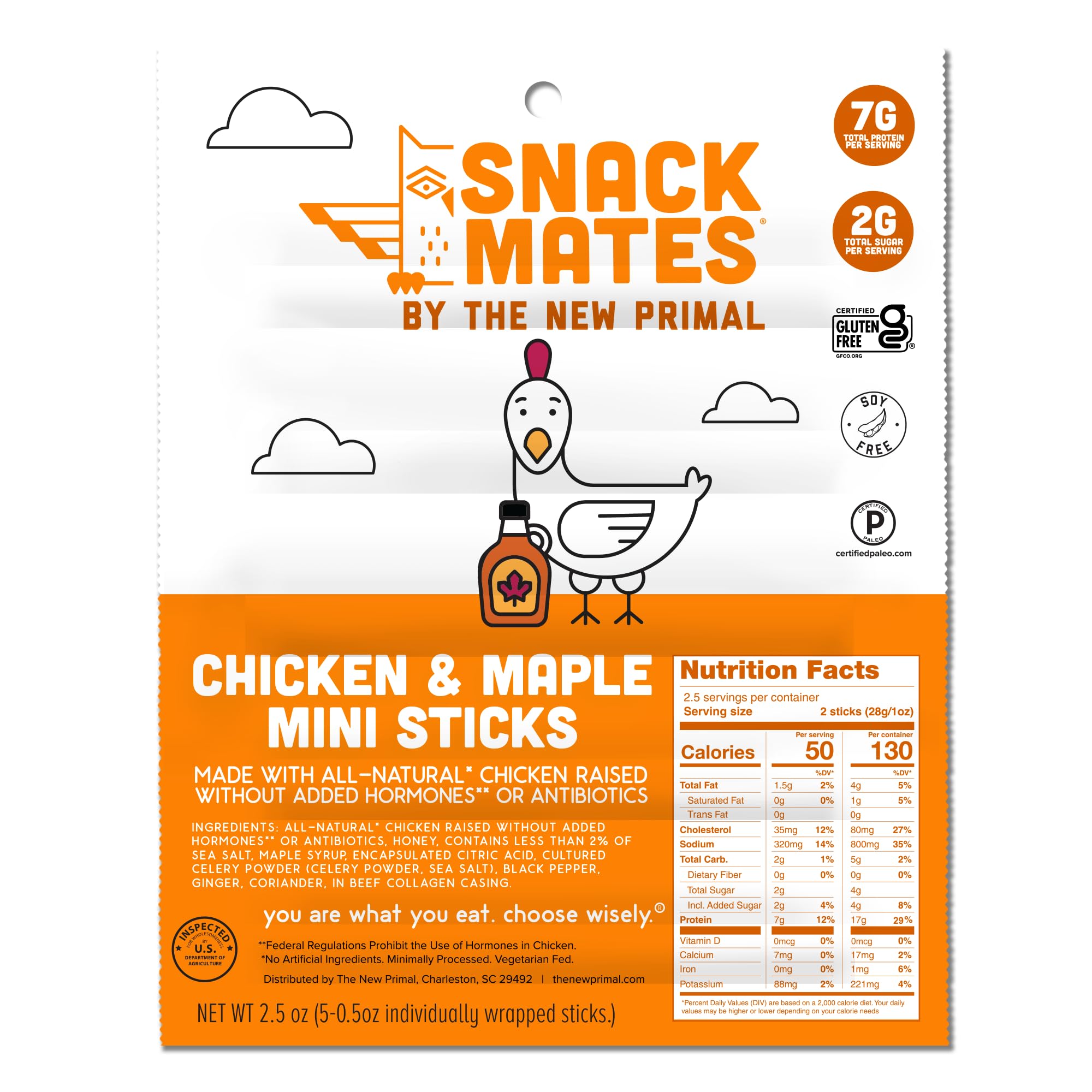 Snack Mates by The New Primal, Chicken & Maple Stick, All-Natural Chicken, High Protein and Low Sugar Kids Snack, Certified Paleo, Certified