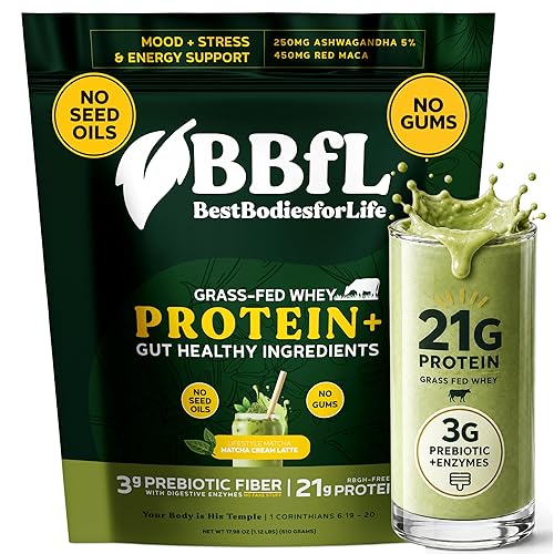 BBfL Grass-Fed Whey Protein Shake - 21g rBGH-Free Protein, Matcha + Apple Cider Vinegar, Prebiotics, Digestive Enzymes, Adaptogens for Stress & Mood
