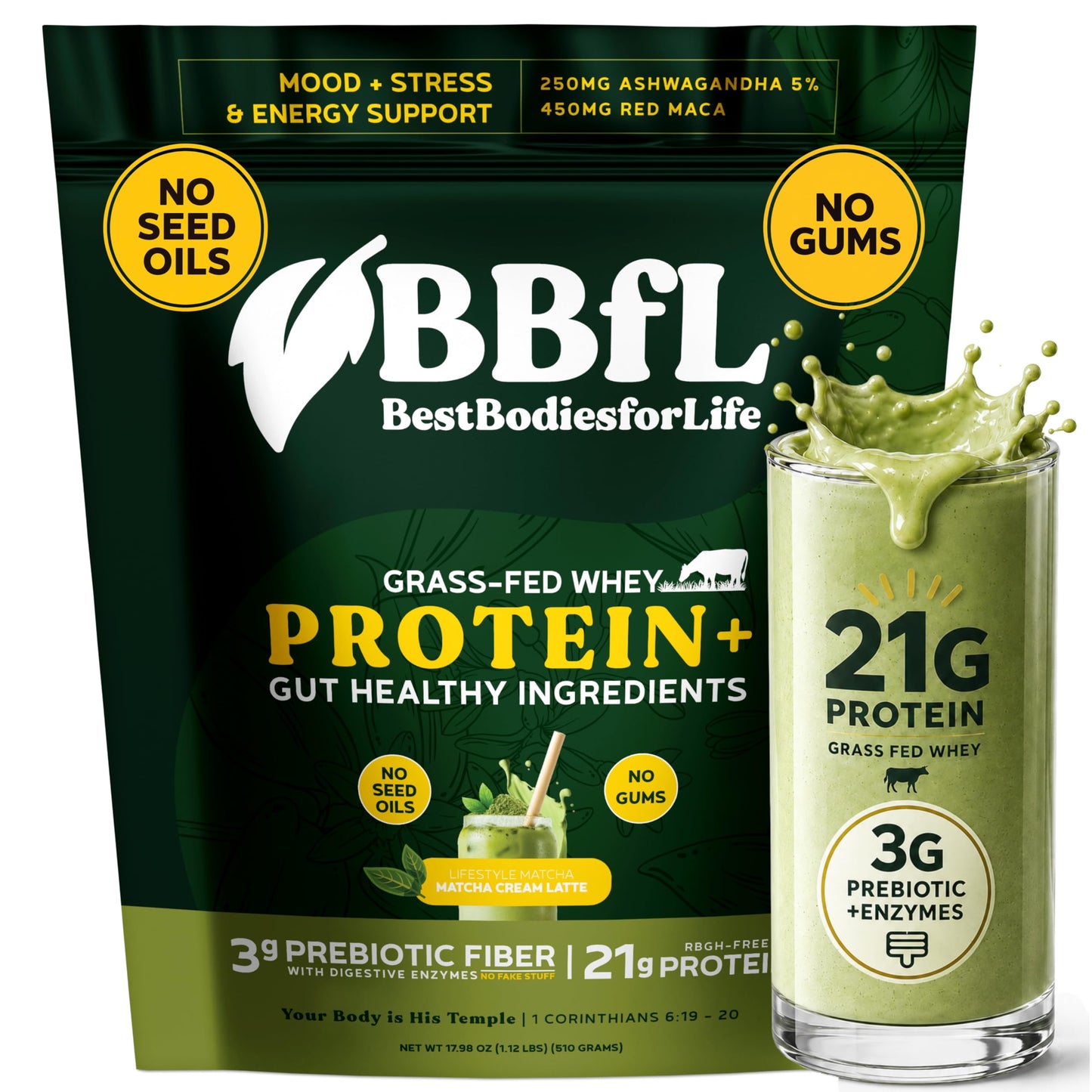 BBfL Grass-Fed Whey Protein Shake - 21g rBGH-Free Protein, Matcha + Apple Cider Vinegar, Prebiotics, Digestive Enzymes, Adaptogens for Stress & Mood